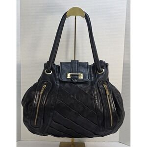 Treesje Shoulder Hobo Drawstring Bag‎ In Black Leather